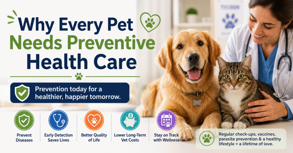 Preventive pet health care with a veterinarian, dog, and cat.