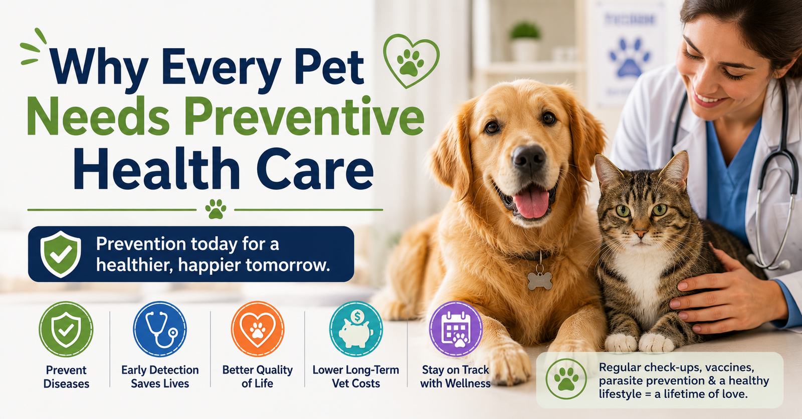Preventive pet health care with a veterinarian, dog, and cat.