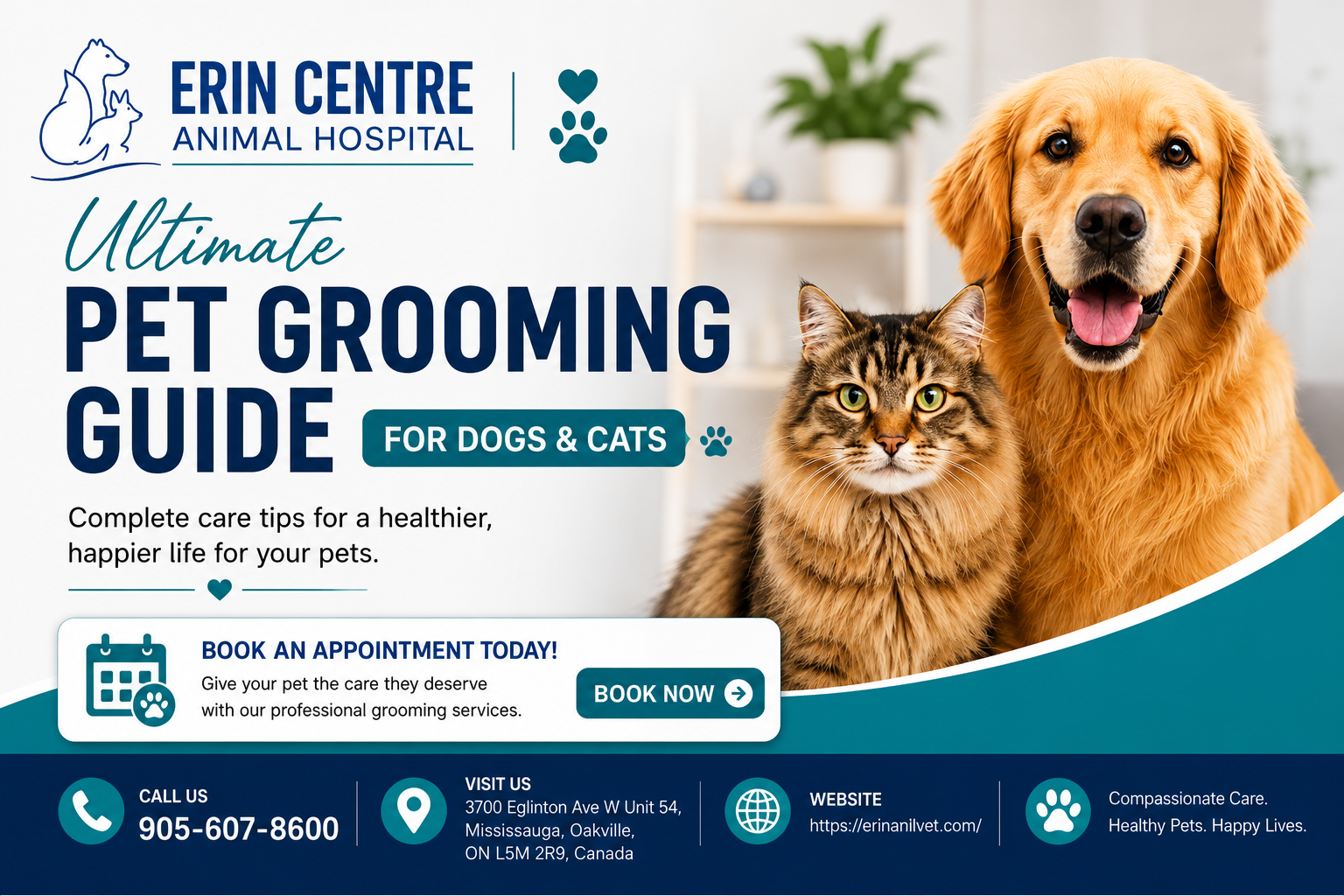 Dog and cat promoting professional pet grooming services.